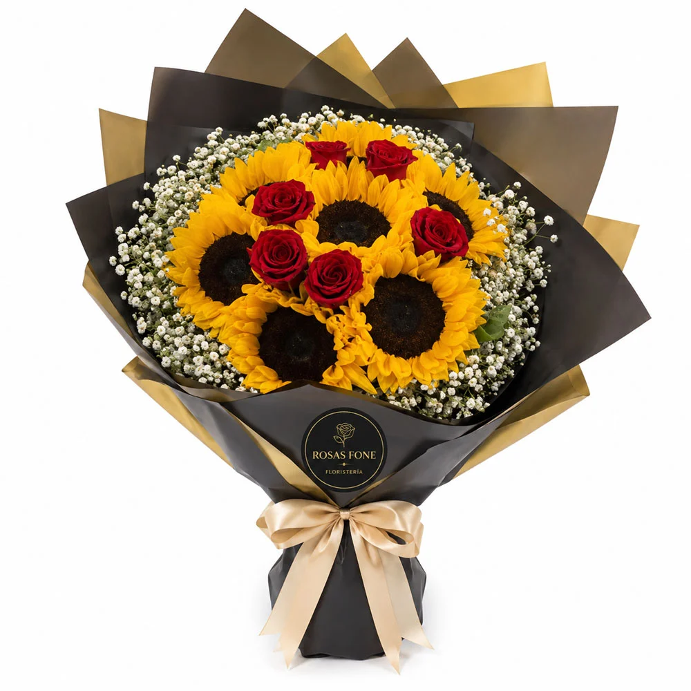 img-producto-ramo-buchon-love-con-6-rosas-7-girasoles-01 Ramo buchon love con 6 rosas +7 girasoles - Imagen 1