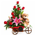 Carreta Floral más peluche 8 rosas